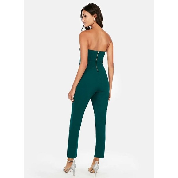Express Strapless Sweetheart Jumpsuit Forest Green Gold Zip Pocket Slim Leg 4 - Picture 2 of 4